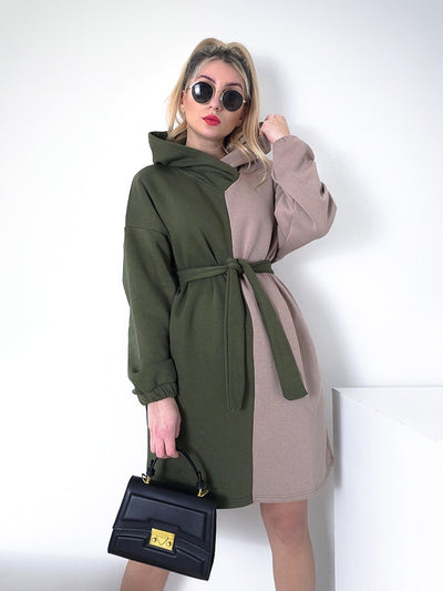 2 color belted hooded jumper dress Khaki