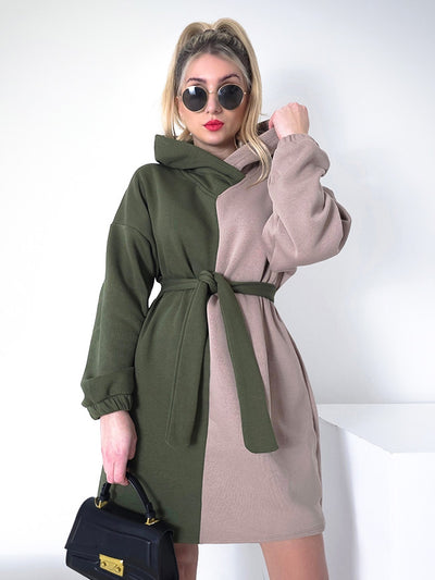 2 color belted hooded jumper dress Khaki