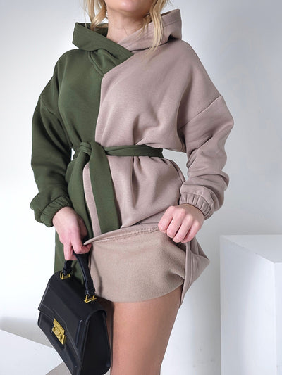 2 color belted hooded jumper dress Khaki