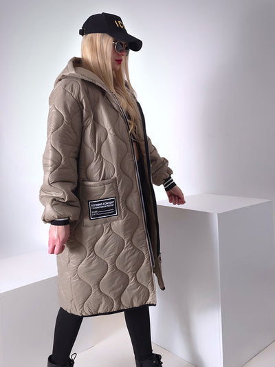 Sara Oversize Quilted hooded jacket Dark sand