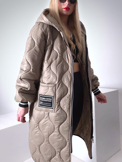 Sara Oversize Quilted hooded jacket Dark sand