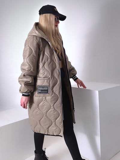 Sara Oversize Quilted hooded jacket Dark sand