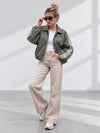 Luna Stripe Zip-Up Jacket Olive Green