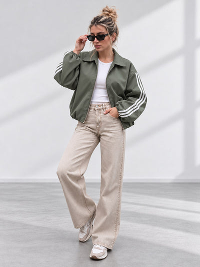 Luna Stripe Zip-Up Jacket Olive Green