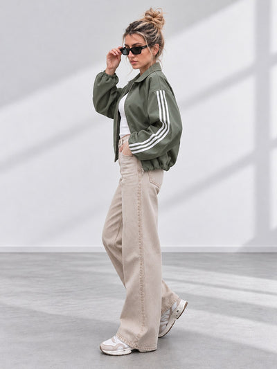 Luna Stripe Zip-Up Jacket Olive Green