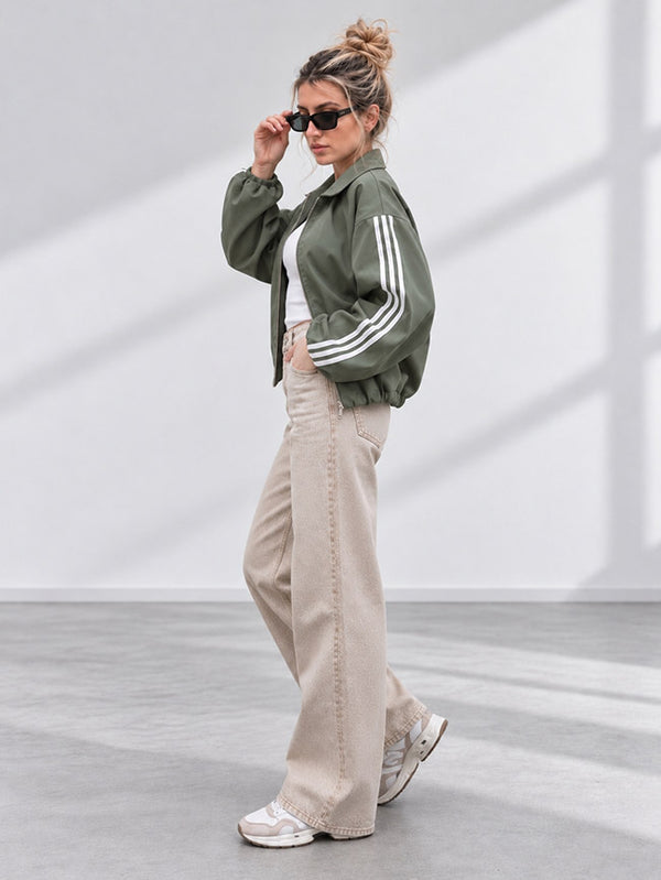 Luna Stripe Zip-Up Jacket Olive Green