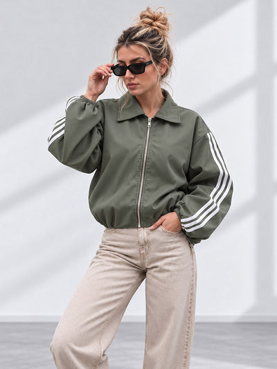 Luna Stripe Zip-Up Jacket Olive Green