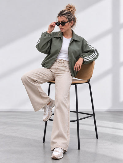 Luna Stripe Zip-Up Jacket Olive Green