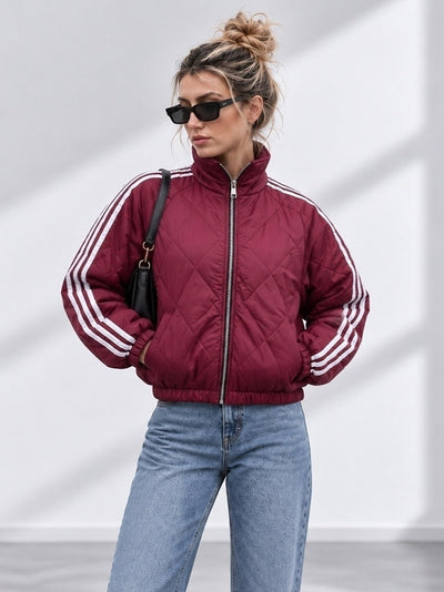 Bella Quilted Stripe Bomber Jacket Burgundy