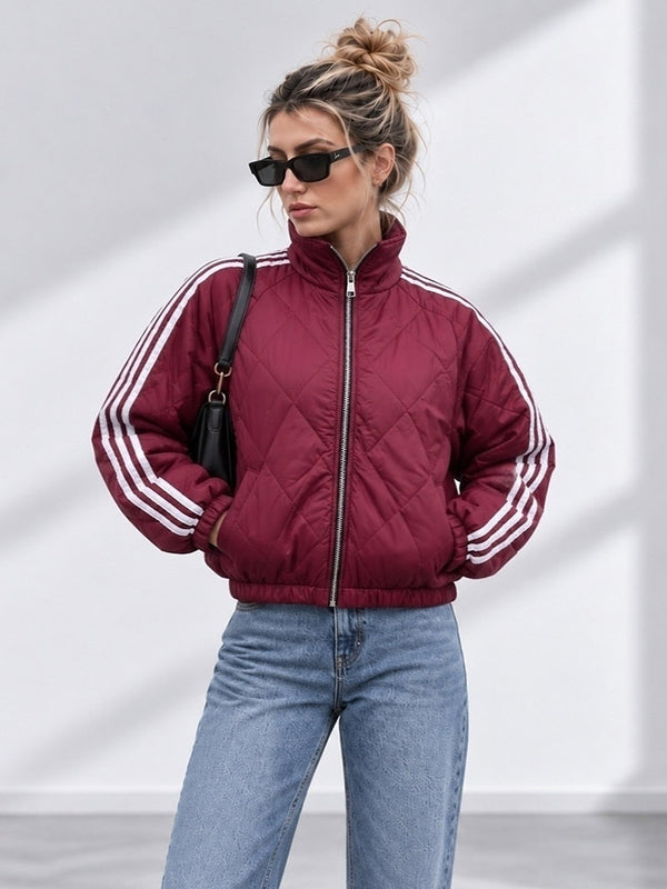 Bella Quilted Stripe Bomber Jacket Burgundy