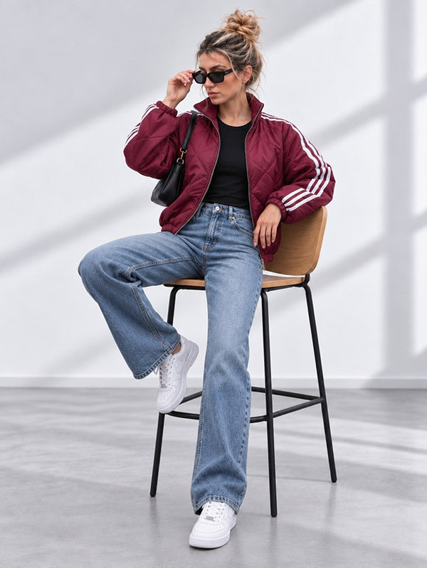 Bella Quilted Stripe Bomber Jacket Burgundy