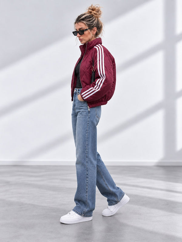 Bella Quilted Stripe Bomber Jacket Burgundy