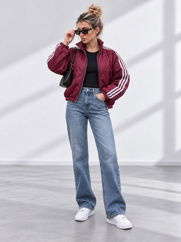 Bella Quilted Stripe Bomber Jacket Burgundy