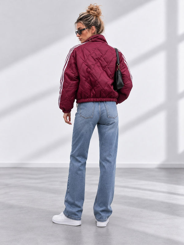 Bella Quilted Stripe Bomber Jacket Burgundy