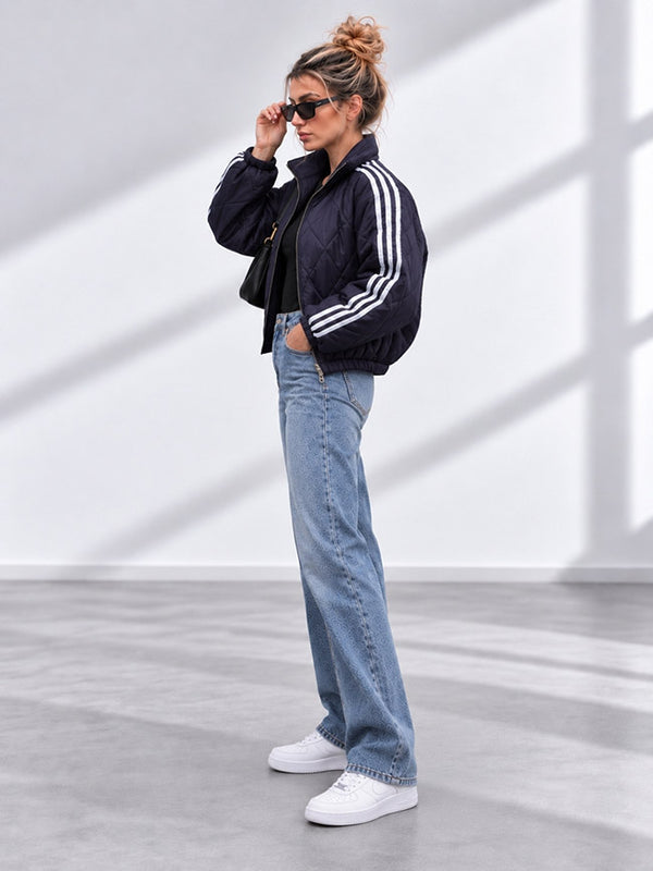 Bella Quilted Stripe Bomber Jacket Navy