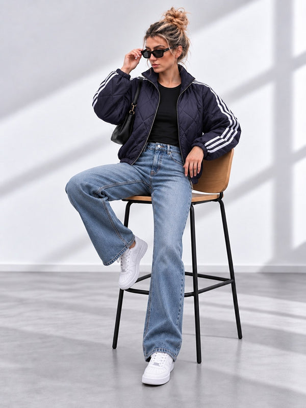 Bella Quilted Stripe Bomber Jacket Navy