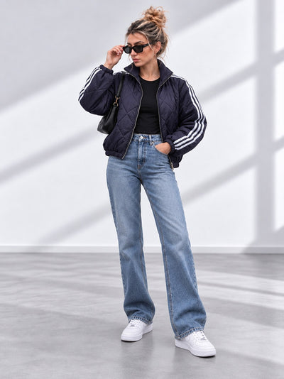 Bella Quilted Stripe Bomber Jacket Navy