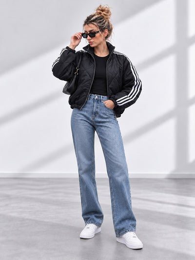 Bella Quilted Stripe Bomber Jacket Black