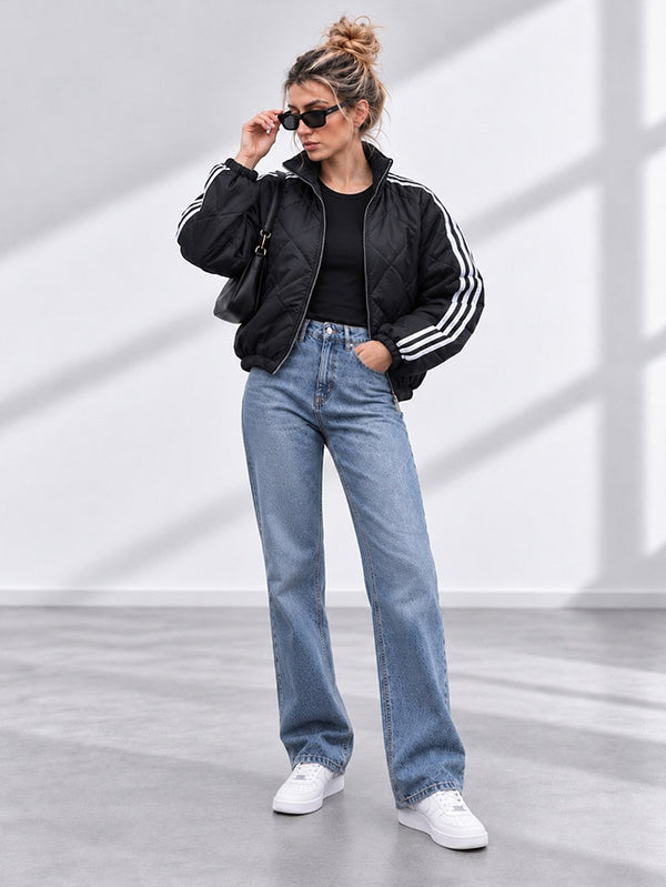 Bella Quilted Stripe Bomber Jacket Black