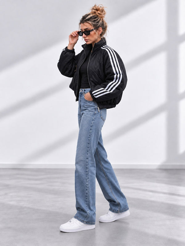 Bella Quilted Stripe Bomber Jacket Black