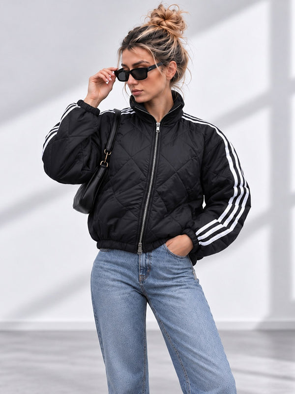 Bella Quilted Stripe Bomber Jacket Black