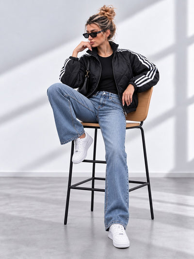 Bella Quilted Stripe Bomber Jacket Black