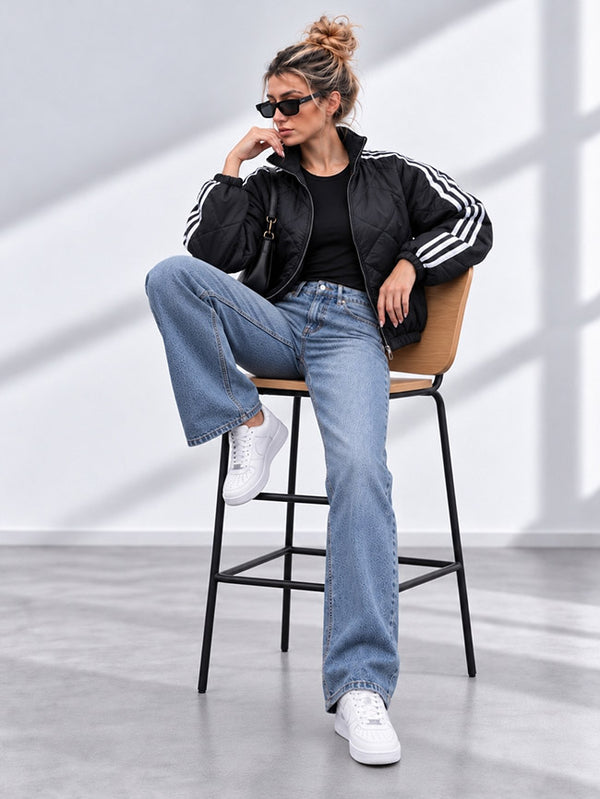 Bella Quilted Stripe Bomber Jacket Black