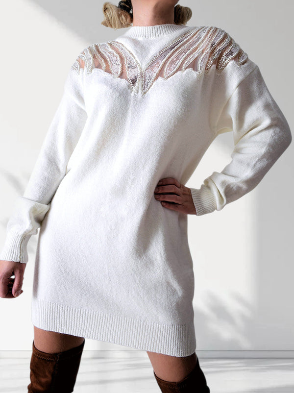 Sequin Pearl fluffy knit dress Cream-White