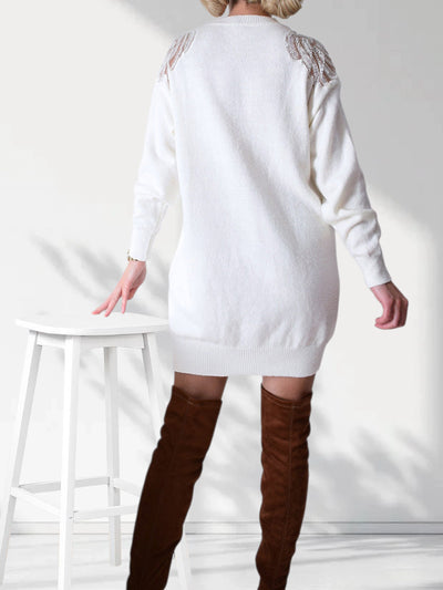 Sequin Pearl fluffy knit dress Cream-White