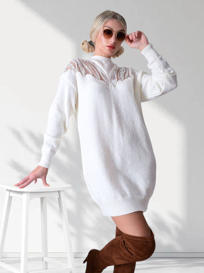 Sequin Pearl fluffy knit dress Cream-White