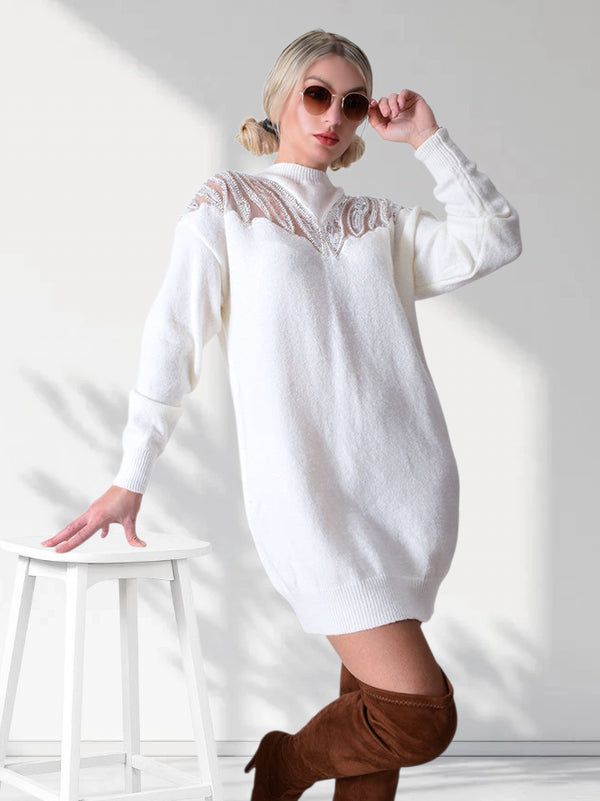 Sequin Pearl fluffy knit dress Cream-White