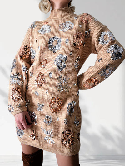Sequin knitted dress Camel