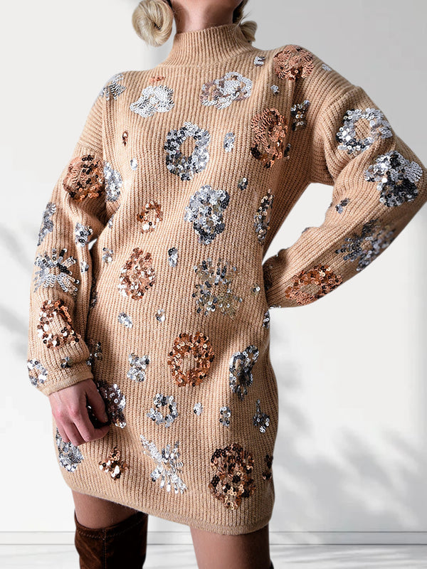 Sequin knitted dress Camel