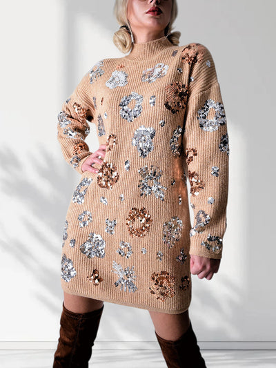 Sequin knitted dress Camel