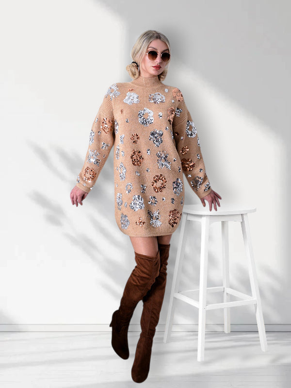 Sequin knitted dress Camel