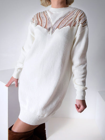 Sequin Pearl fluffy knit dress Cream-White