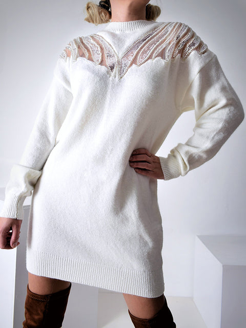 Sequin Pearl fluffy knit dress Cream-White