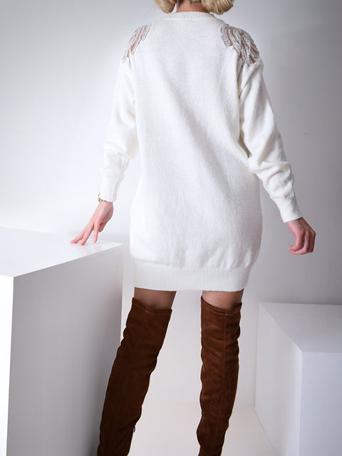 Sequin Pearl fluffy knit dress Cream-White