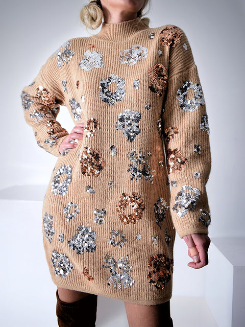 Sequin knitted dress Camel