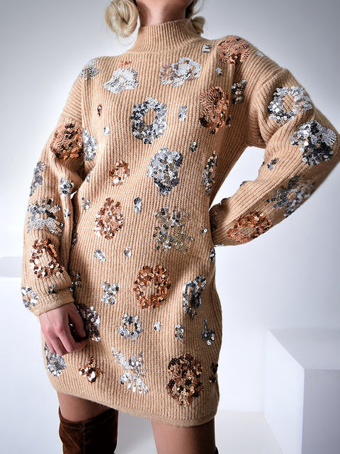 Sequin knitted dress Camel