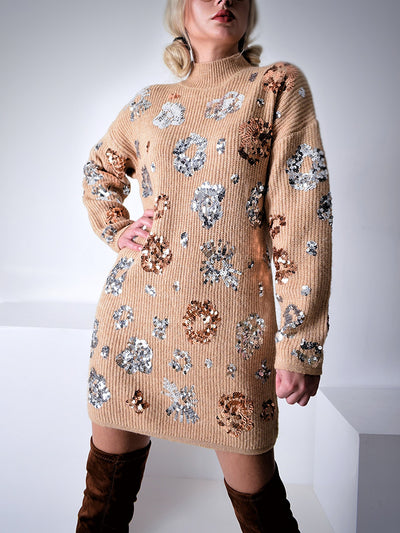 Sequin knitted dress Camel