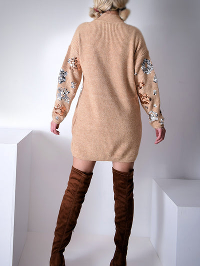 Sequin knitted dress Camel