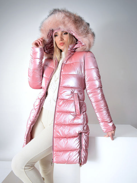 Pink high shine Faux fur hoodie padded coat
