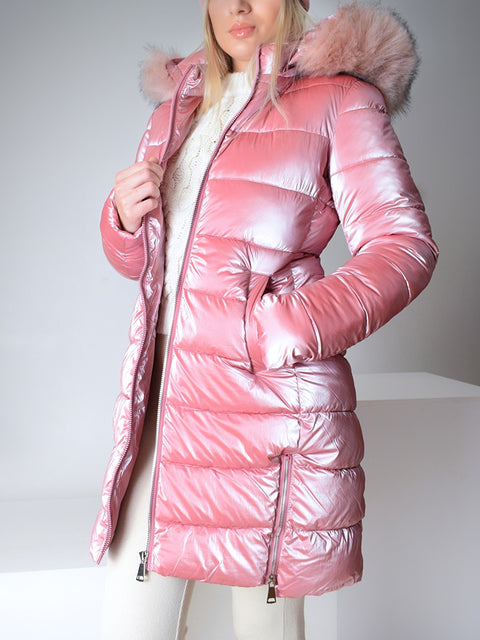 Pink high shine Faux fur hoodie padded coat