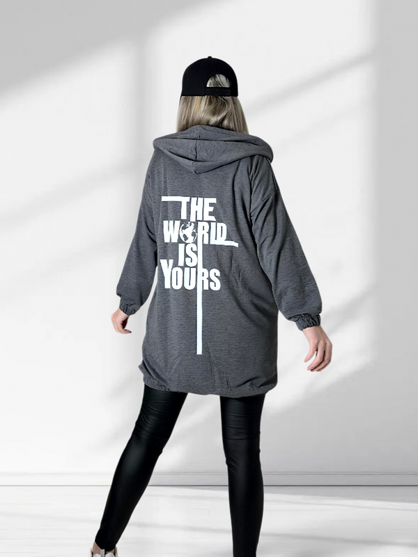 Hooded zip up jumper world Grey