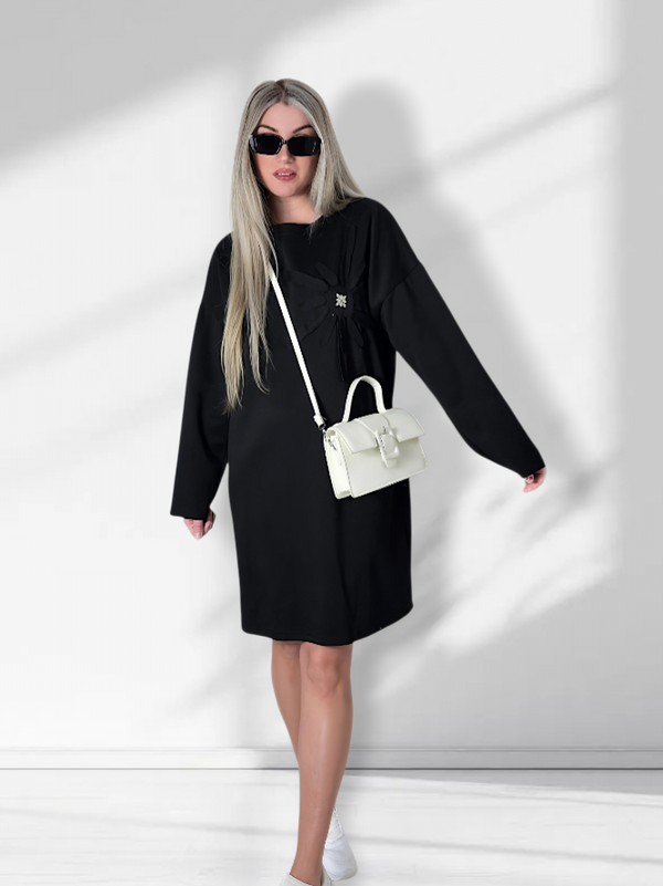 Diamond detail long sleeve dress Black