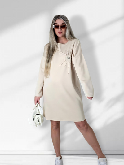 Diamond detail long sleeve dress Beige