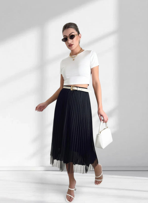 Dara Black structured detail Pleated tulle skirt