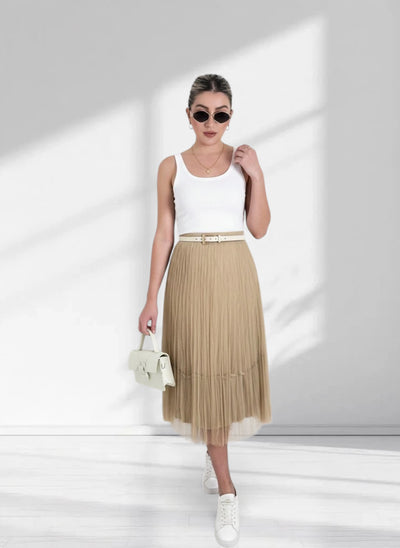 Dara Beige structured detail Pleated tulle skirt