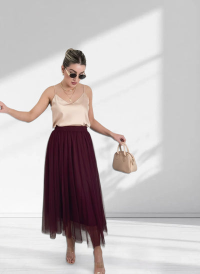 Burgundy tulle maxi skirt